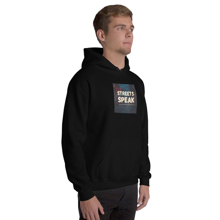 Black unisex pullover hoodie front-right view with hood, kangaroo pocket, chest graphic
