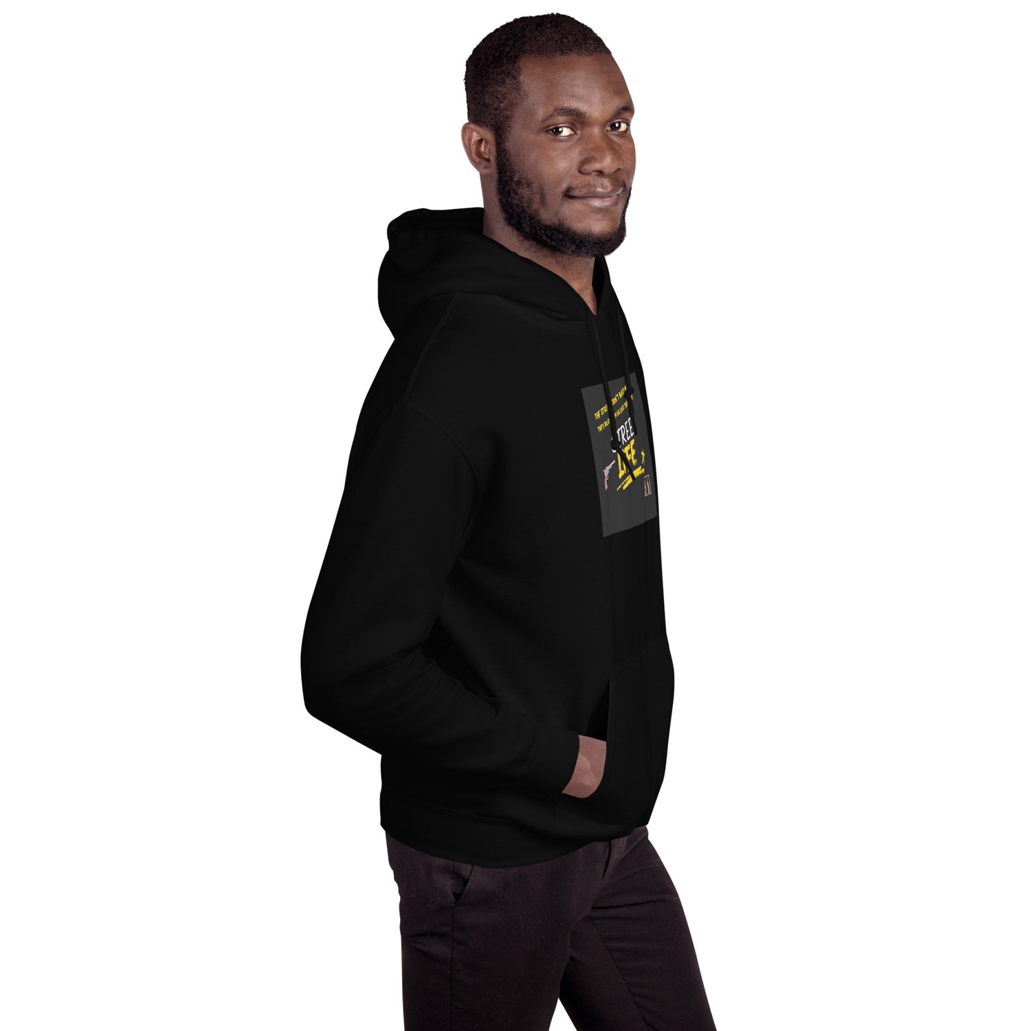 Black Street Life unisex hoodie side view showing sleeve graphic patch detail