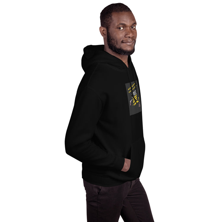 Unisex dark hoodie sleeve with front logo patch detail