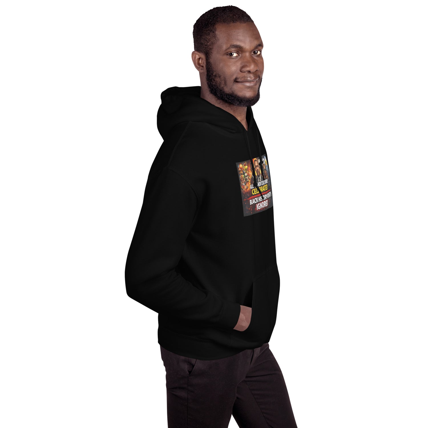 Black unisex hoodie front-left view showing hood and colorful print