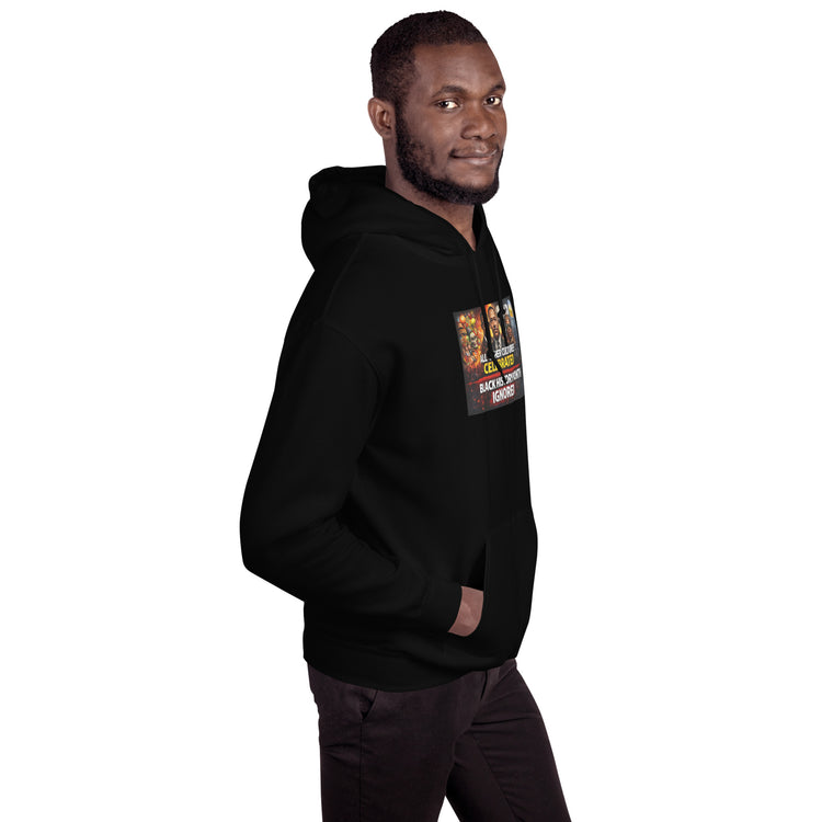 Unisex black hoodie with front chest graphic and hooded neckline