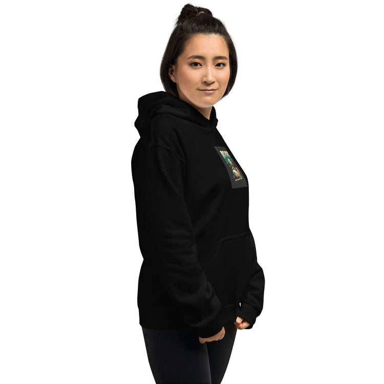 Black hoodie side view showing sleeve graphic and kangaroo pocket.