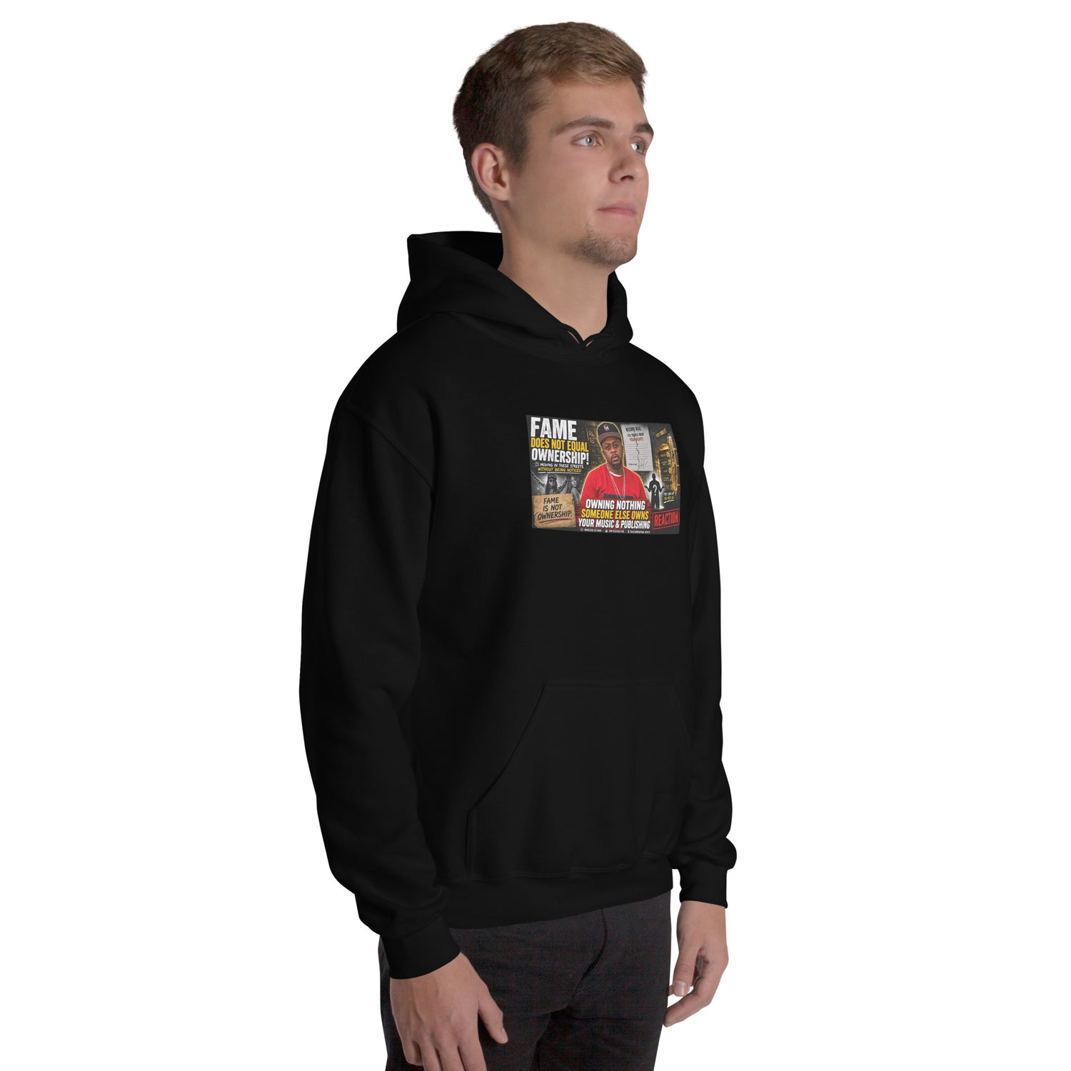 Black unisex pullover hoodie with chest graphic and hood