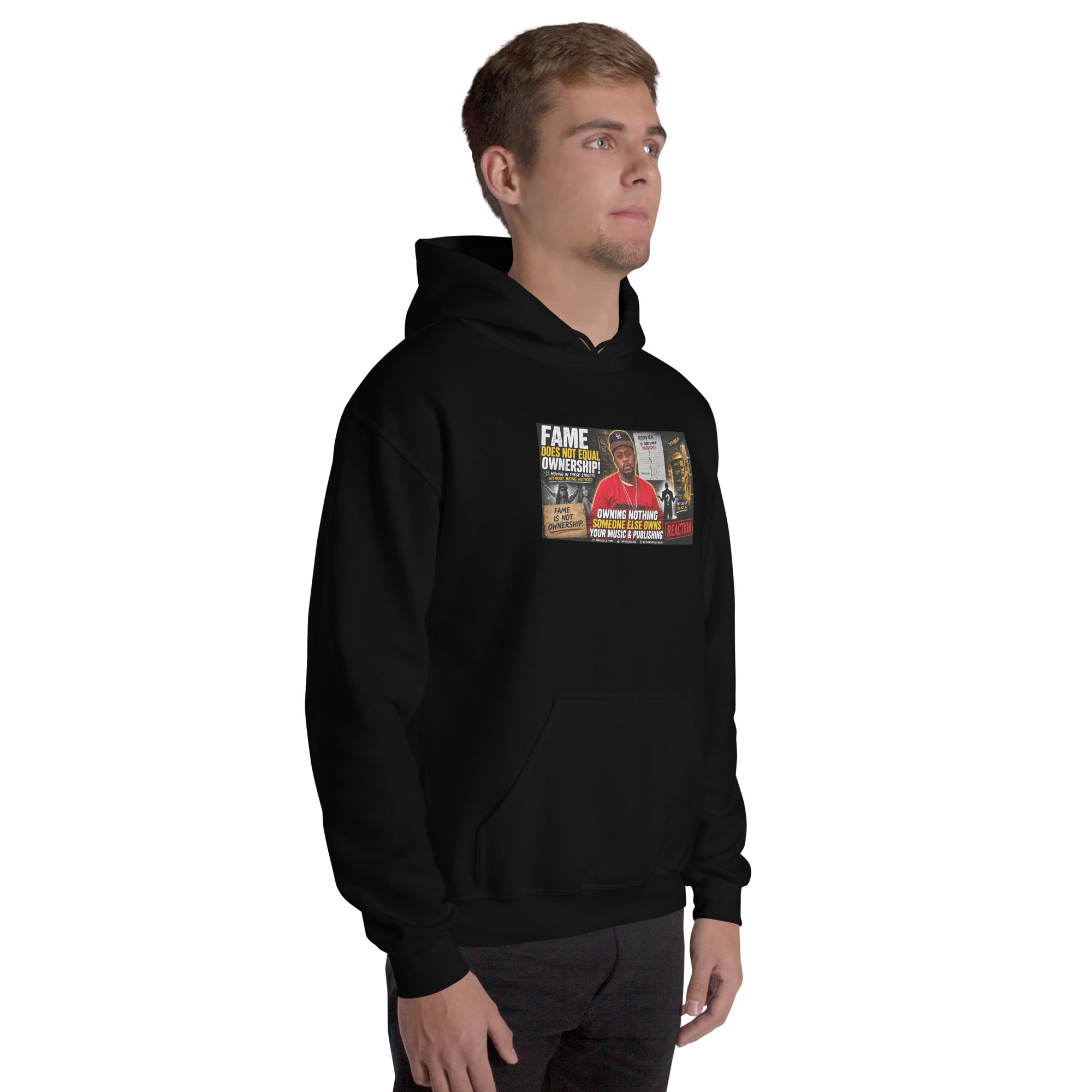 Black unisex pullover hoodie with chest graphic and hood