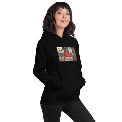 Black pullover hoodie with front graphic print and kangaroo pocket