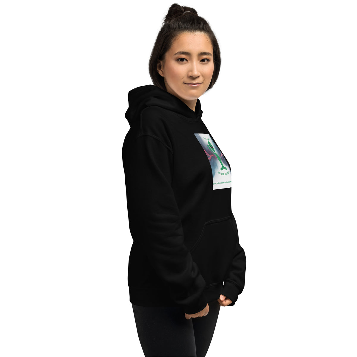 Black pullover hoodie with hood and chest square graphic