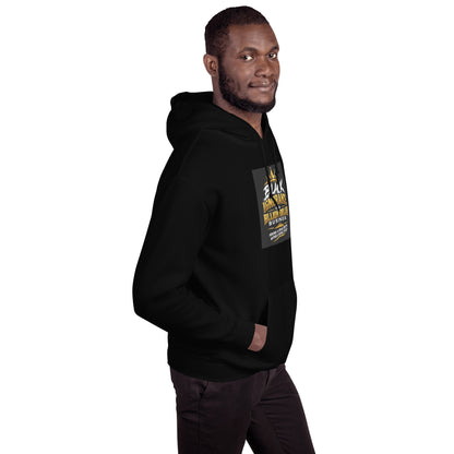 Unisex black pullover hoodie with hood, front pocket, and gold graphic chest patch