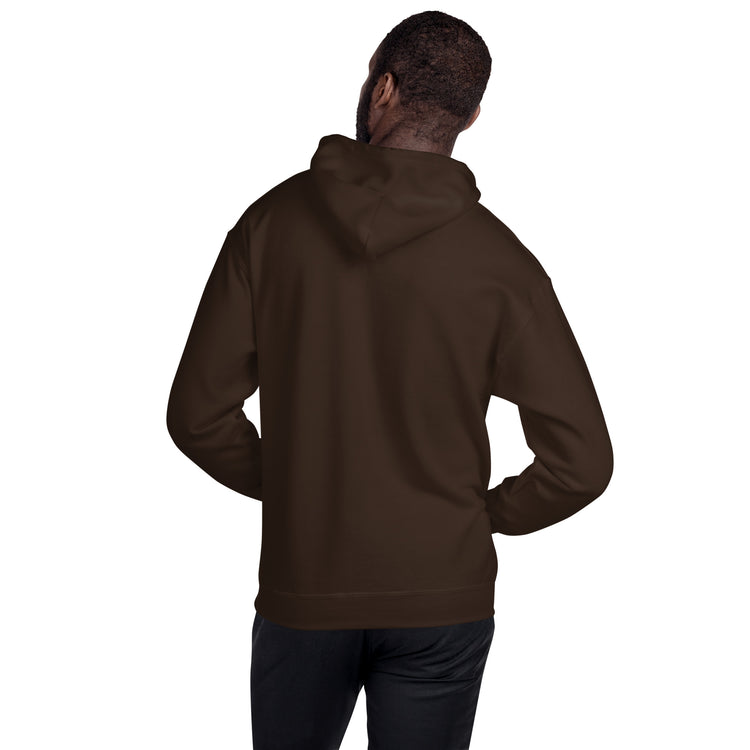 Dark brown unisex hoodie back view with hood and kangaroo pocket