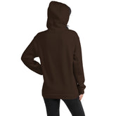 Unisex pullover hoodie, dark brown, back view with hood and long sleeves