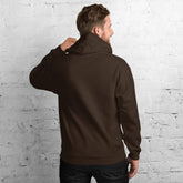 Unisex dark brown pullover hoodie, back view with hood and long sleeves