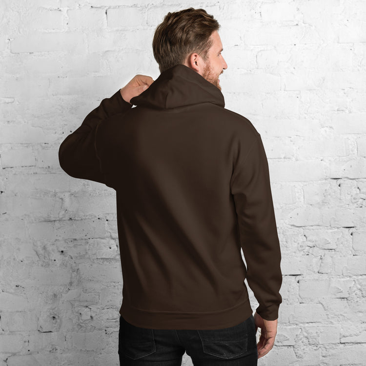 Unisex dark brown pullover hoodie, back view with hood and long sleeves