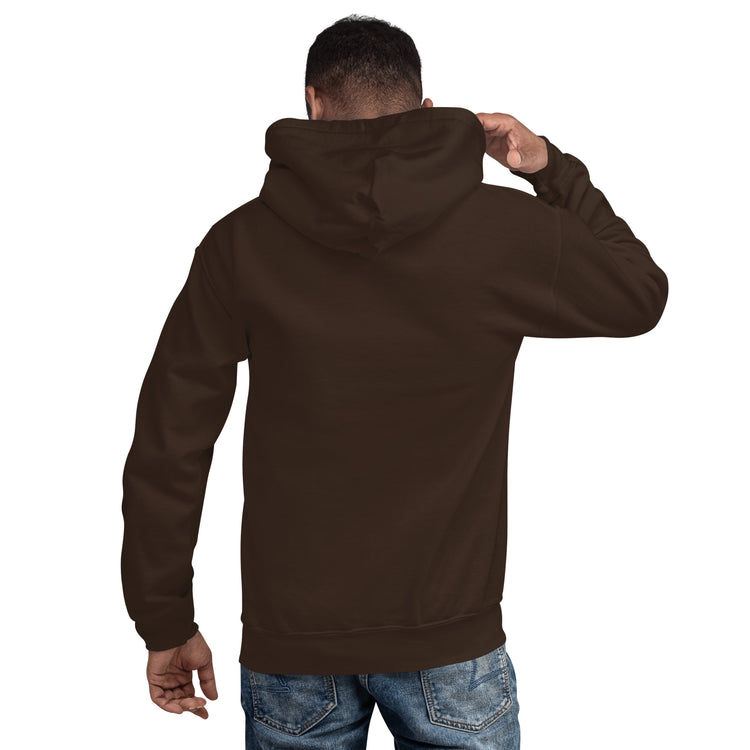 Dark brown unisex hoodie with hood and front pocket, back view