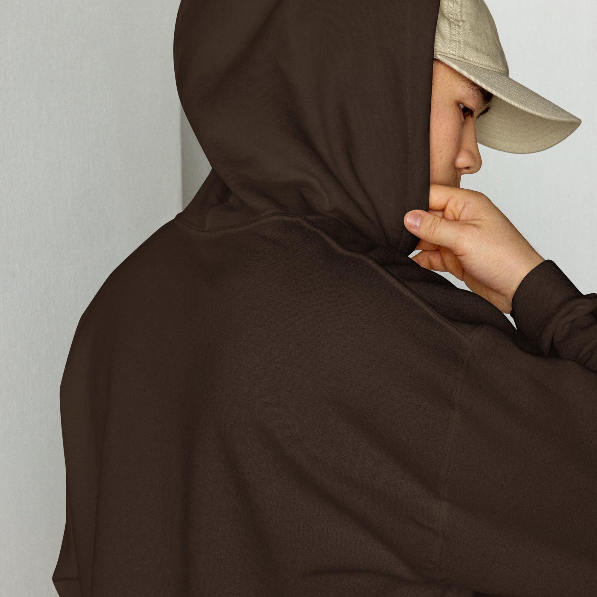 Dark chocolate hoodie hood and kangaroo pocket detail with long sleeves