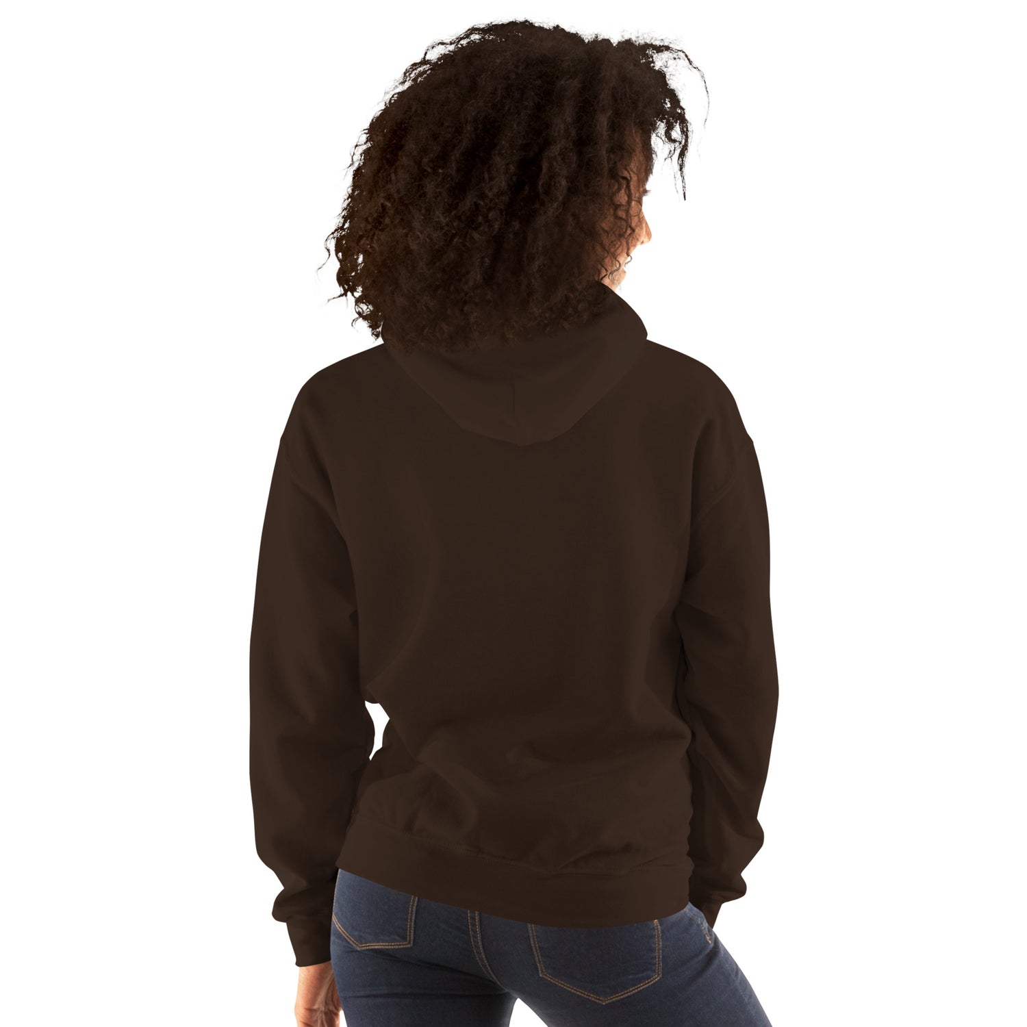 Unisex-Hoodie dark chocolate, Rückansicht mit Kapuze und Kängurutasche
