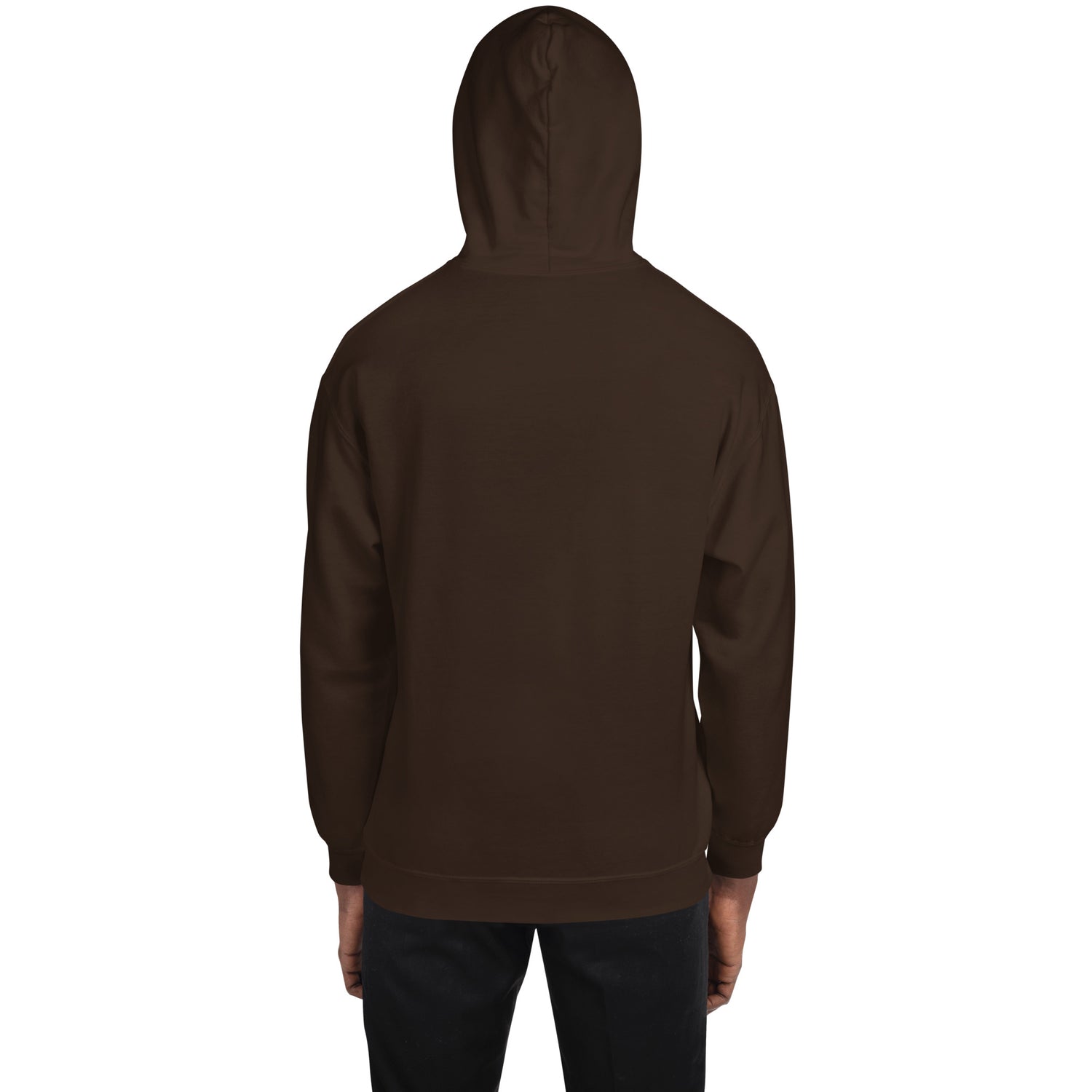 Hoodie marrón oscuro con capucha, vista trasera; puños y dobladillo