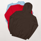 Dark chocolate hoodie, front view with hood up and front pocket