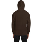 Dark brown hoodie back view with full-length hood and ribbed hem