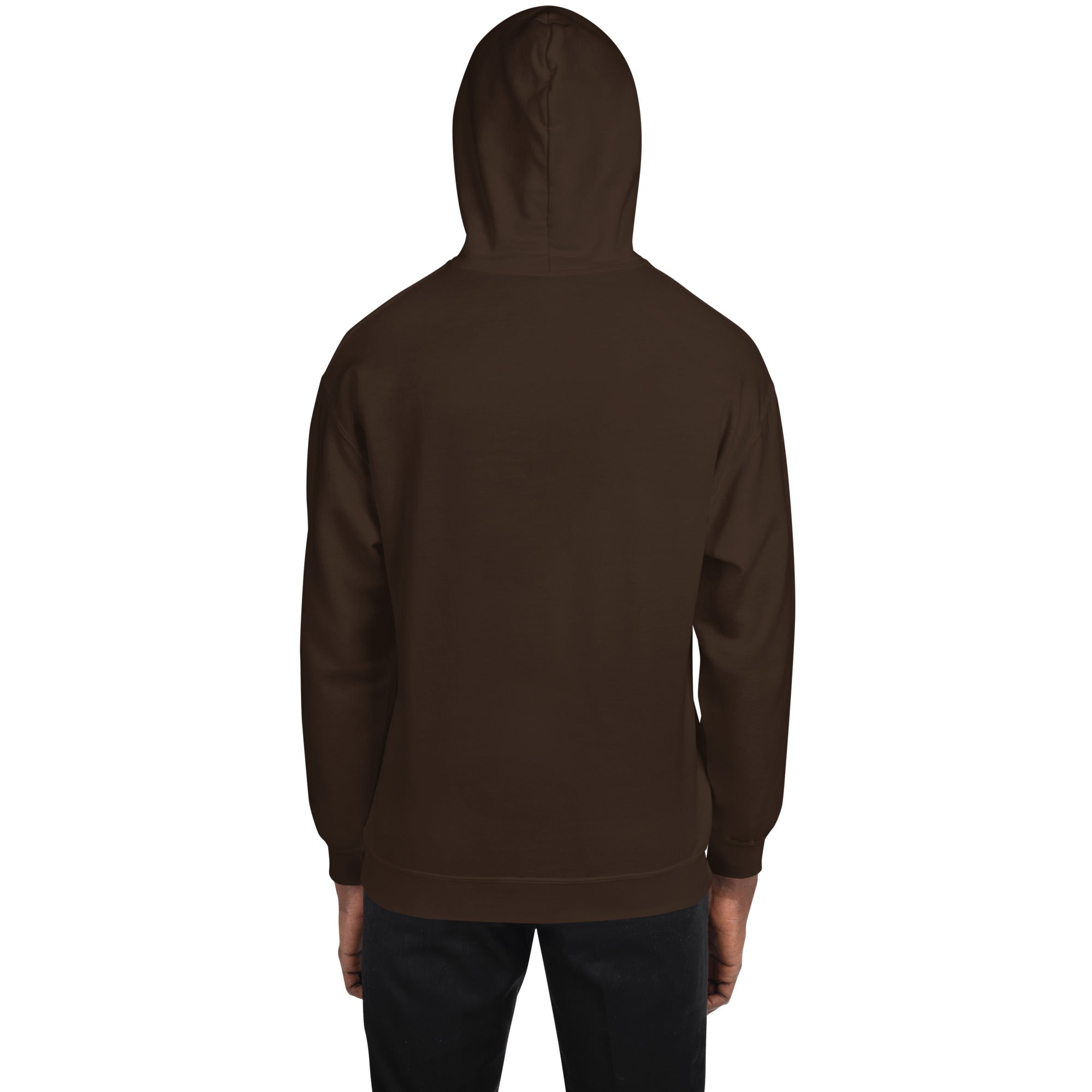 Dark chocolate unisex hoodie back view with attached hood and straight hem