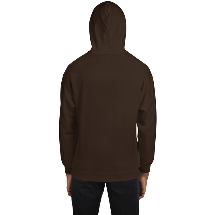 Dark brown hoodie back view with full-length hood and ribbed hem