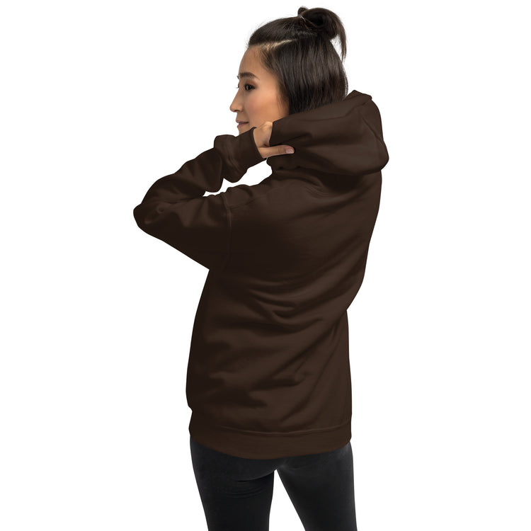 Unisex dark brown hoodie with hood, back/side view, kangaroo pocket