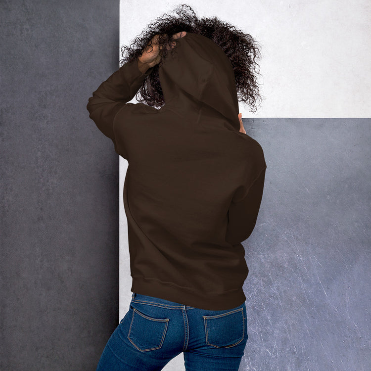Dark brown hoodie with hood and front pouch pocket, side view