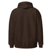 Brown pullover hoodie with hood and kangaroo pocket, back view