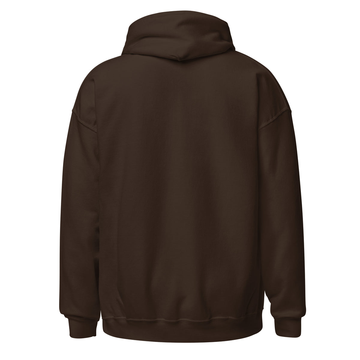Brown pullover hoodie with hood and kangaroo pocket, back view