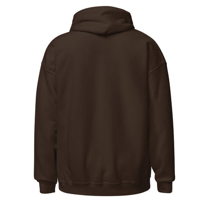 Brown pullover hoodie with hood and kangaroo pocket, back view