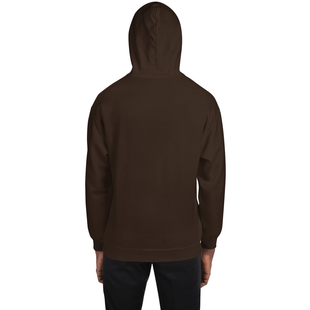 Dark chocolate pullover hoodie with hood, shown from back