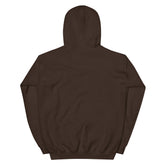 Dark brown unisex pullover hoodie, back view with hood and kangaroo pocket