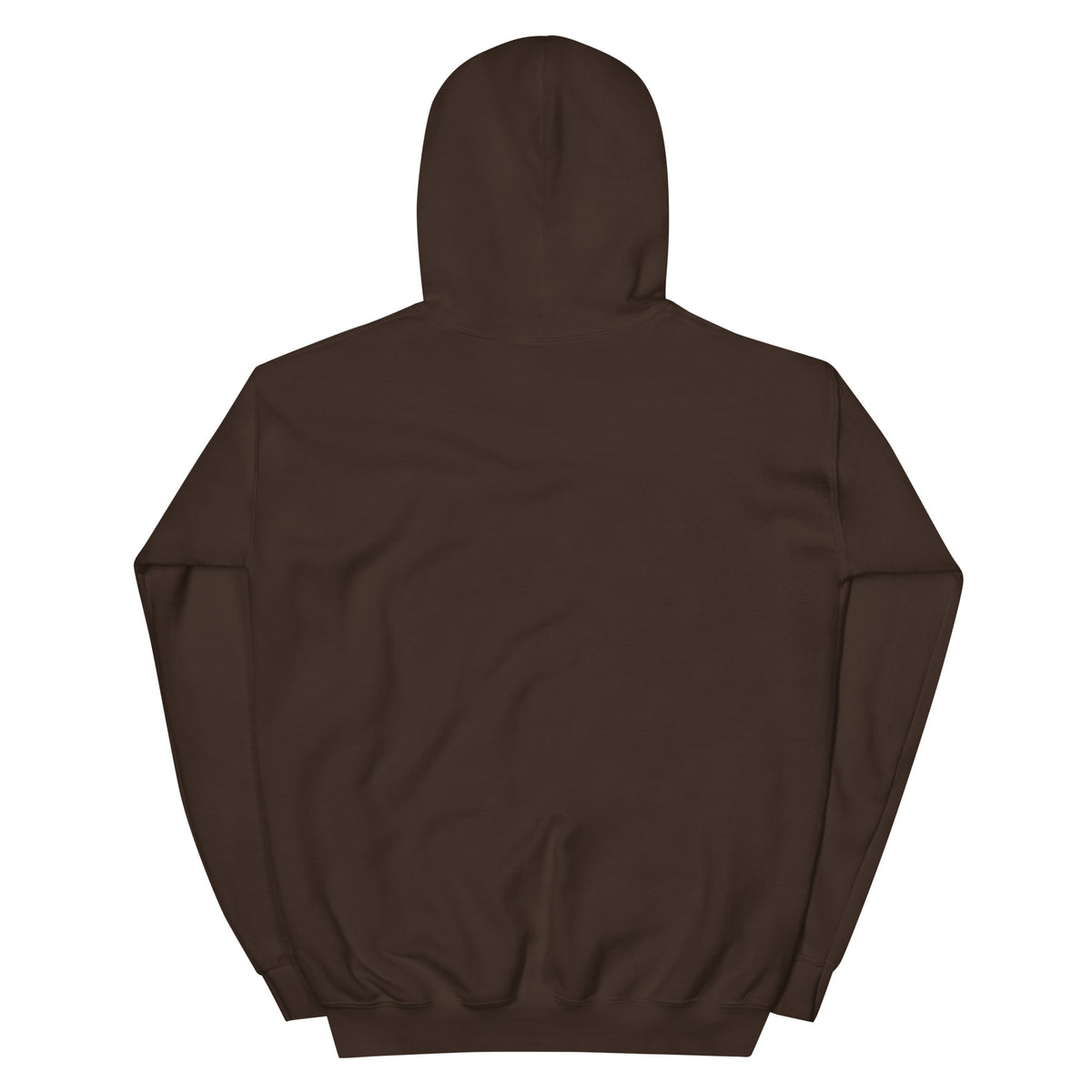Dark brown pullover hoodie back view with hood and ribbed cuffs.