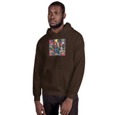 Dark brown unisex hoodie with hood, front pocket, and colorful chest graphic