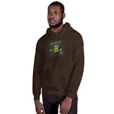 Dark brown unisex pullover hoodie with hood, kangaroo pocket, chest graphic