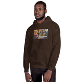 Dark brown unisex hoodie with front graphic patch and kangaroo pocket