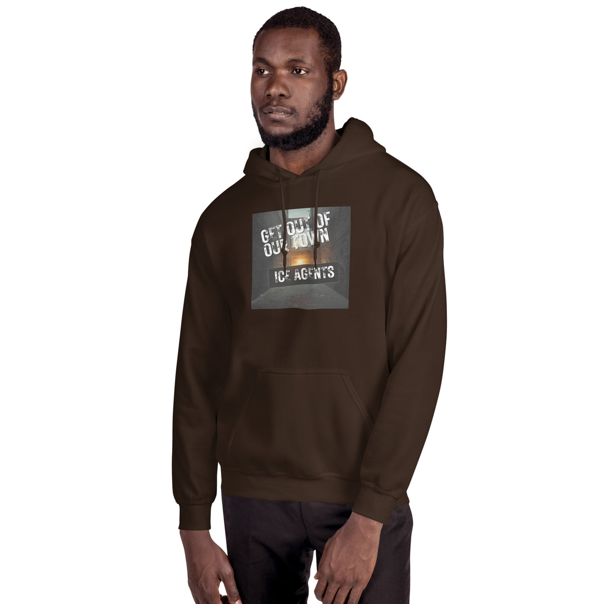 Dark chocolate pullover hoodie with hood and front chest graphic