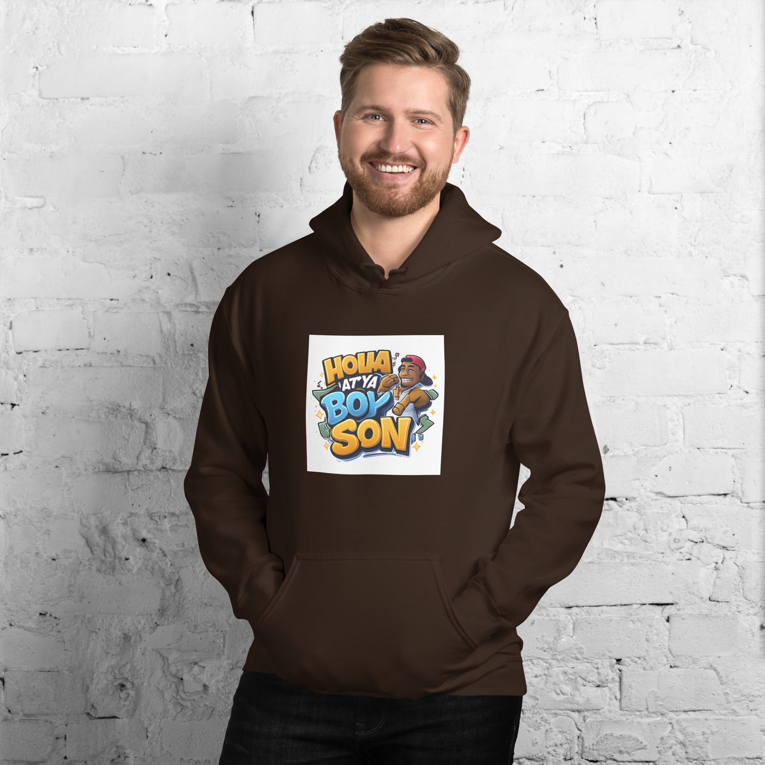 Unisex hoodie, dark brown, front graphic logo centered on chest, kangaroo pocket