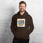 Dark brown unisex hoodie with hood, front pouch pocket, and chest graphic print.