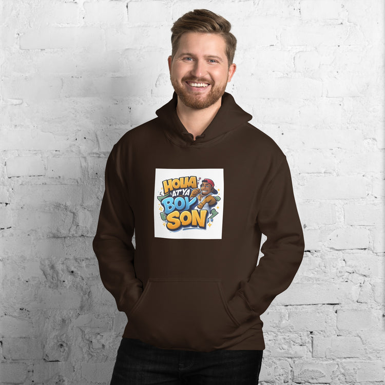 Dark brown unisex hoodie with hood, front pouch pocket, and chest graphic print.