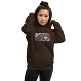 Unisex dark chocolate pullover hoodie with hood, front pouch pocket, and chest photo graphic
