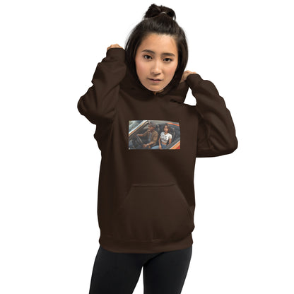 Felpa unisex marrone scuro con cappuccio e stampa grafica sul petto