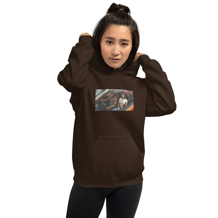 Unisex dark chocolate pullover hoodie with hood, front pouch pocket, and chest photo graphic