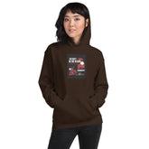 Unisex pullover hoodie, dark brown, front graphic and drawstring hood