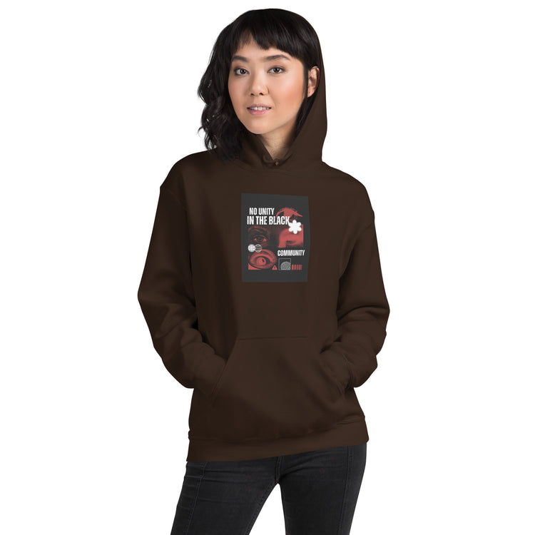 Unisex pullover hoodie, dark brown, front graphic and drawstring hood