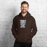 Unisex dark brown pullover hoodie with hood and front graphic square, kangaroo pocket