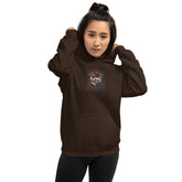 Unisex dark chocolate hoodie with hood, front pouch pocket, and chest graphic print