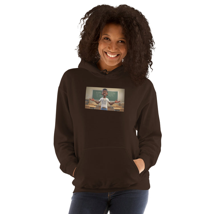 Dark chocolate unisex hoodie with hood, front pocket, chest graphic print