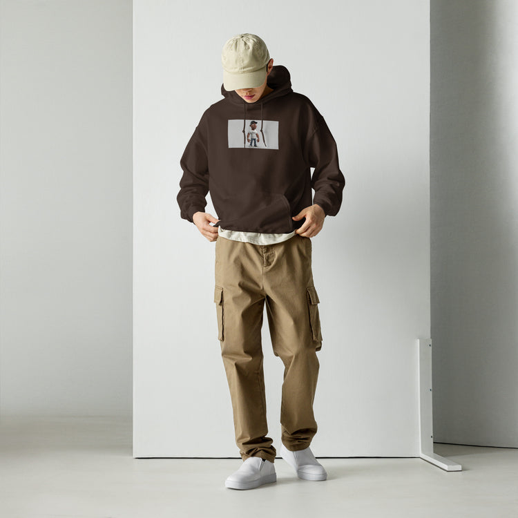 Brown unisex pullover hoodie with front pouch and chest graphic print, hood up