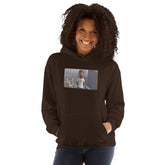 Dark brown pullover hoodie with hood, front pouch pocket, and chest photo-style graphic.