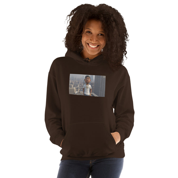 Dark brown pullover hoodie with hood, front pouch pocket, and chest photo-style graphic.