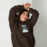 Dark chocolate unisex hoodie with chest graphic, hood with drawstrings, and front pouch pocket